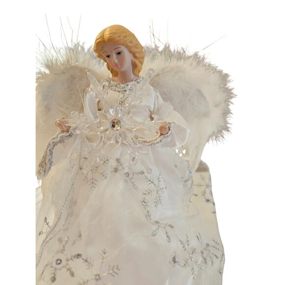 Vintage Christmas Tree Topper Angel Porcelain White Silver Feather Wings - Picture 2 of 5
